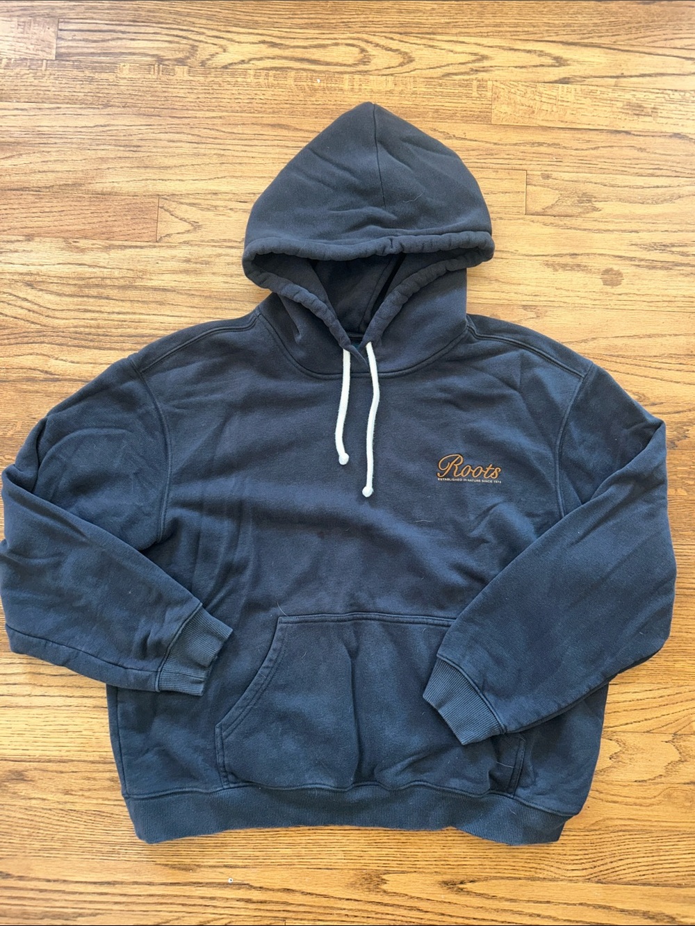 Roots Men's Dark Navy Hoodie with Tan Logo